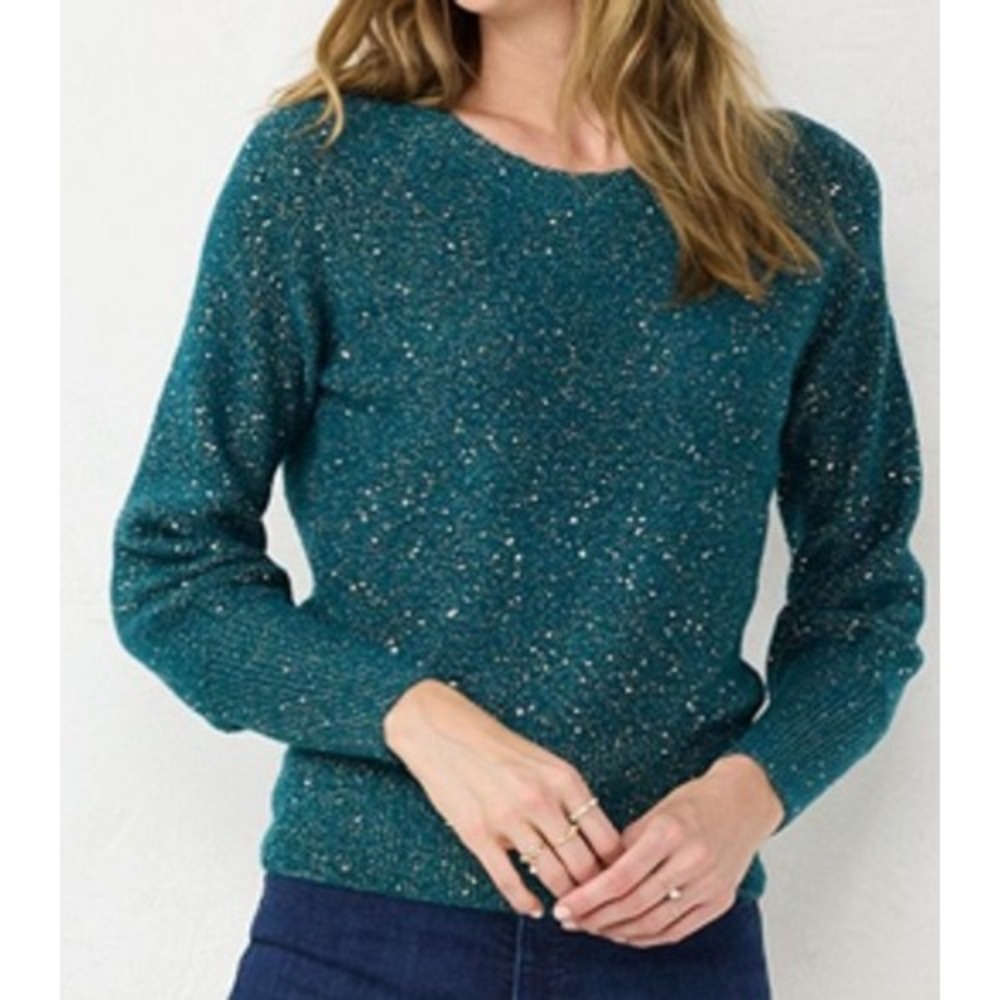 LC Lauren Conrad Teal‎ Green Sparkle Metallic Sweater Holiday Christmas XL